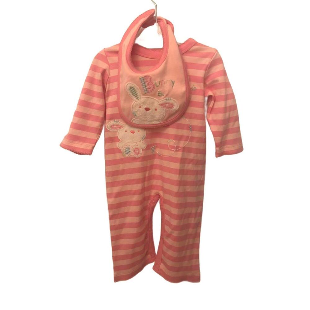 First Moments Bunny Jumpsuit with Matching Bib Girls size 6-9 months